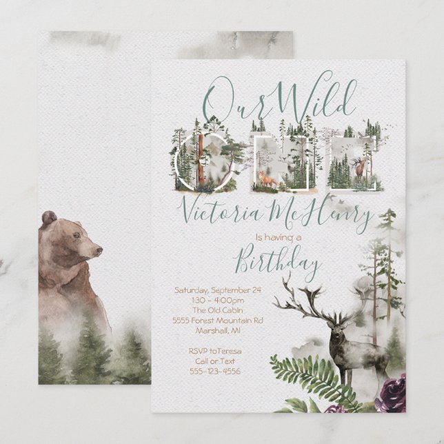 Forest Woodland Watercolor Wild One Birthday Party Invitation (Front/Back)