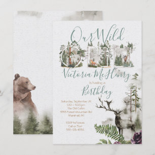 Forest Woodland Watercolor Wild One Birthday Party Invitation