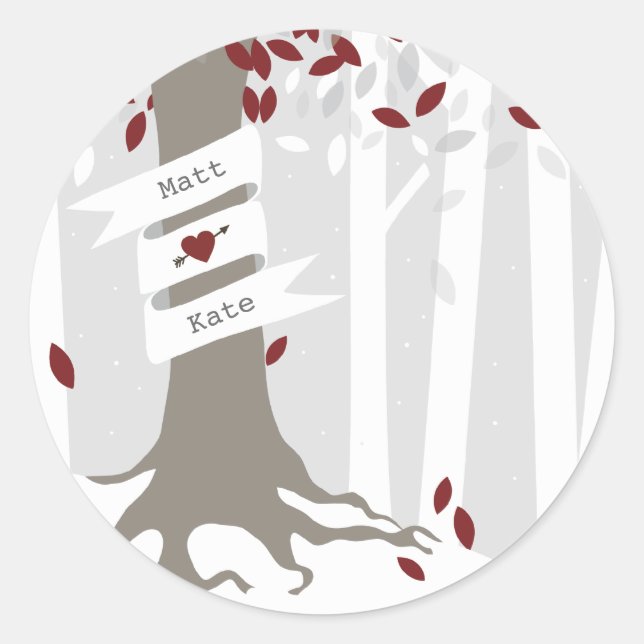 Forest Woodland Winter Snow Red Wedding Classic Round Sticker (Front)