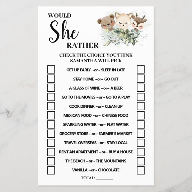 Forest Would She Rather Baby Shower Game Card (Front)