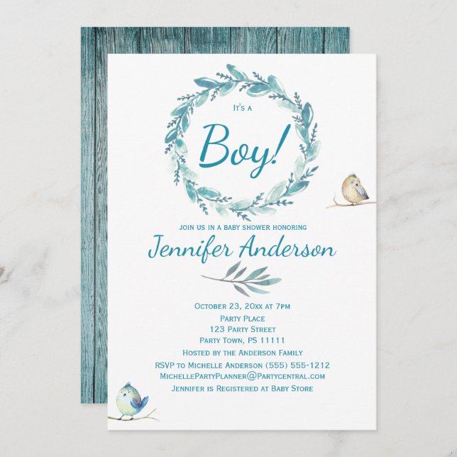 Forest Wreath Bird Rustic Country Boy Baby Shower Invitation (Front/Back)