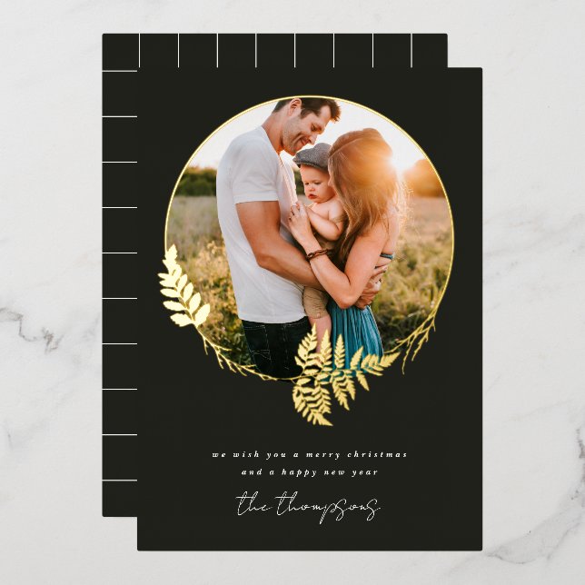 Forest Wreath Merry Christmas Gold Foil Photo Foil Foil Holiday Card (Front/Back)