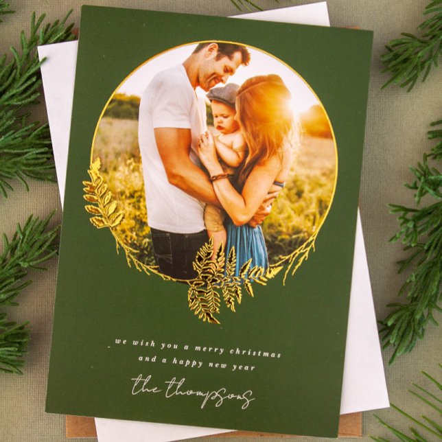 Forest Wreath Merry Christmas Gold Foil Photo Foil Holiday Card (Creator Uploaded)