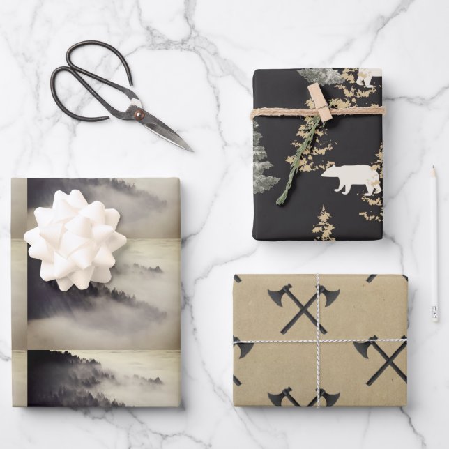 Forests, axes, mountains black and stone wrapping  paper sheet (Front)