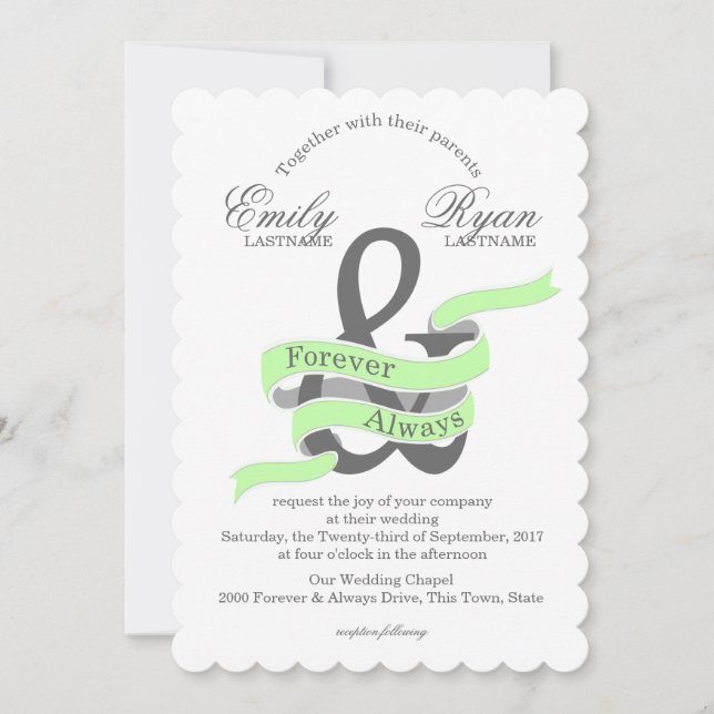 Forever and Always Green Ribbon Banner Wedding Invitation (Front)