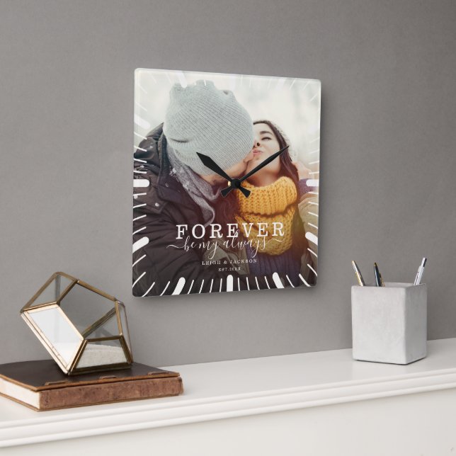 Forever Be My Always Love Wedding Photo Script Square Wall Clock (Office)
