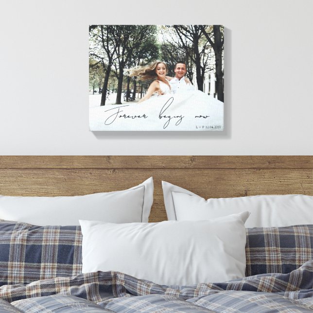 Forever Begins Now Wedding Gift Newlyweds Photo Canvas Print (Insitu(Bedroom))