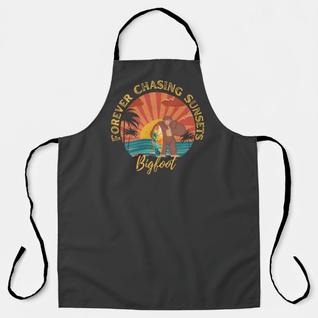 Forever Chasing Sunsets Bigfoot Surfing Black Apron (Front)