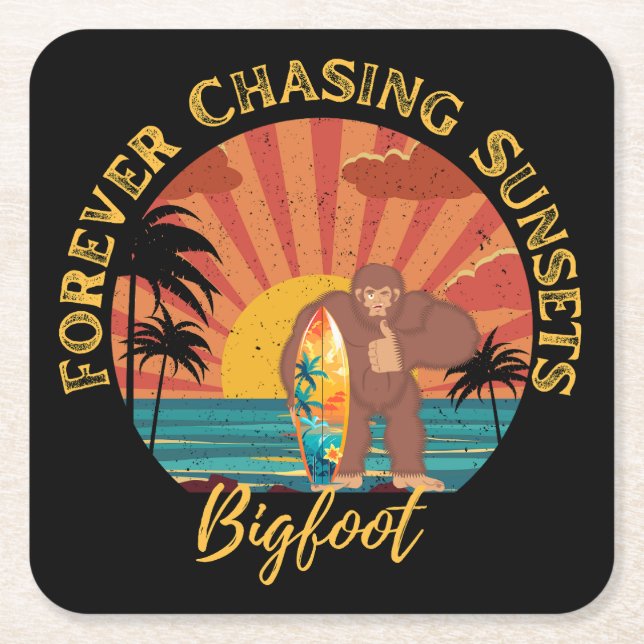 Forever Chasing Sunsets Bigfoot Surfing Black Square Paper Coaster (Front)