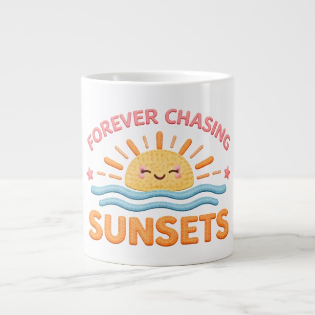 Forever Chasing Sunsets Cute Smiling Sunset Large Coffee Mug (Front)