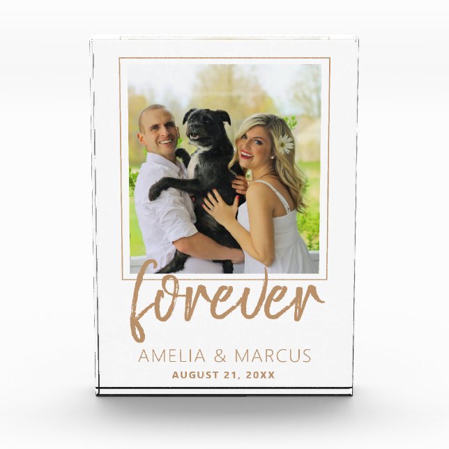 Forever Elegant Golden Script Wedding Keepsake Photo Block (Front)