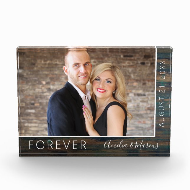 Forever Elegant Rustic Wood Script Wedding Photo Block (Front)