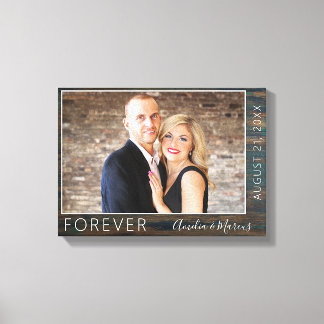 Forever Elegant Rustic Wood Script Wedding Photo Canvas Print (Front)