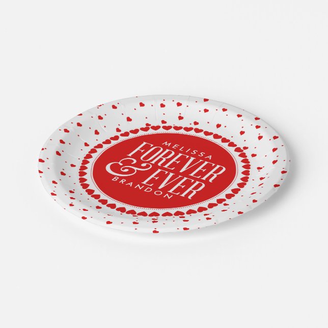 Forever & Ever Valentines Red Circle Hearts Paper Plate (Angled)