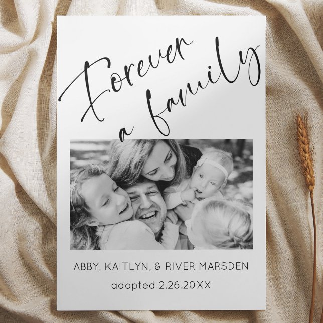 "Forever Family" Photo Adoption Announcement Card ("Forever a Family" Child adoption announcement card black and white script photo modern simple )