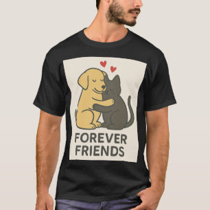 Forever Friends Cat & Dog Hugging T-Shirt Cute P