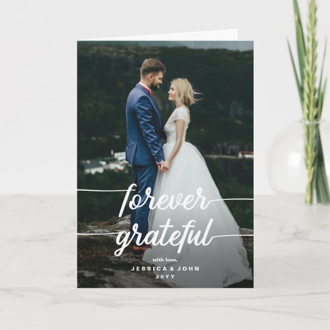 Forever Grateful Rustic 2 Photo Wedding Thank you Card (Front)