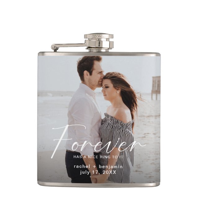 Forever has a nice ring Modern Photo Engagement  Hip Flask (Front)