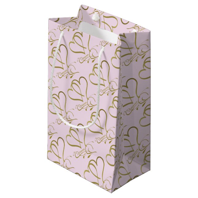 Forever Hearts Gold on Pink Small Gift Bag (Front Angled)