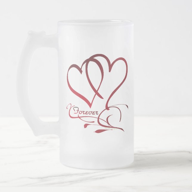Forever Hearts Red on White Frosted Glass Beer Mug (Left)