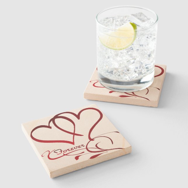 Forever Hearts Red on White Stone Coaster (Side)