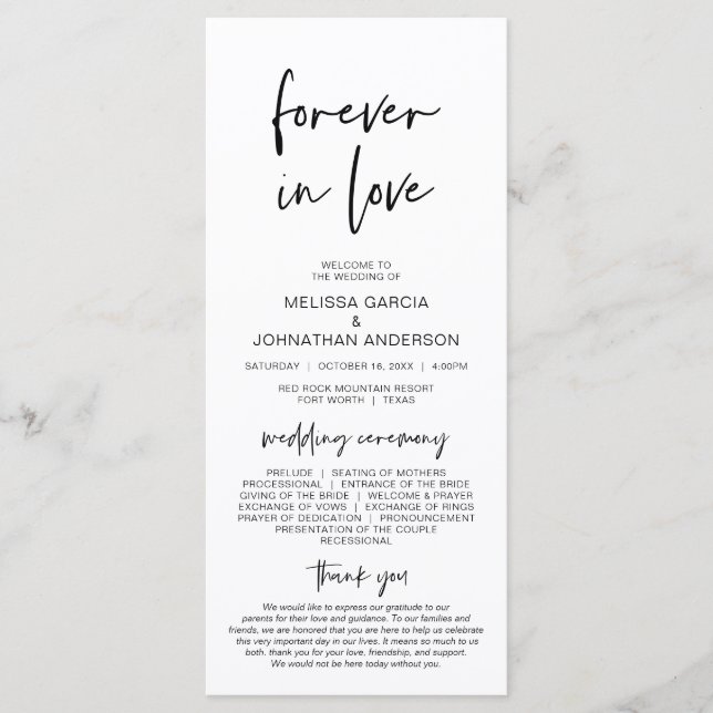 Forever in love, Modern Minimalist Wedding Program Programme (Front)
