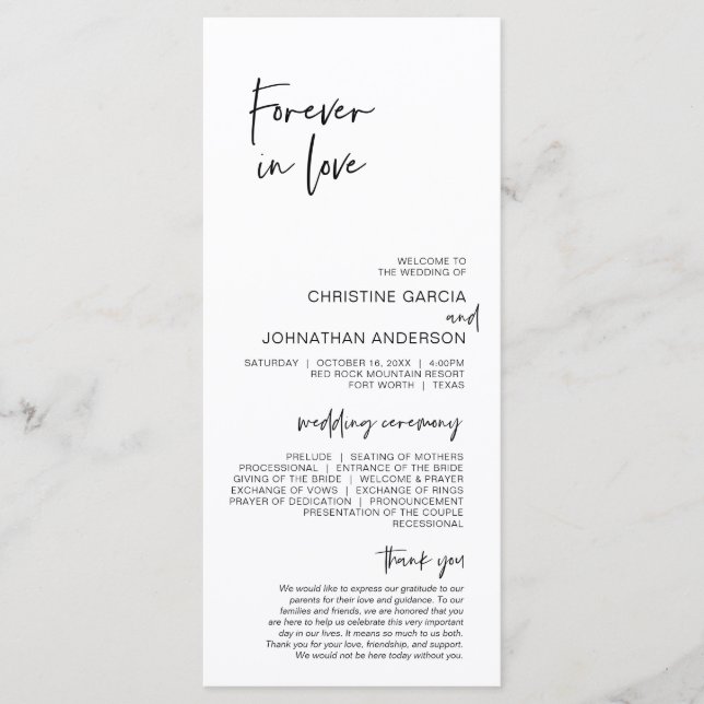 Forever in love, Modern Minimalist Wedding Program Programme (Front)