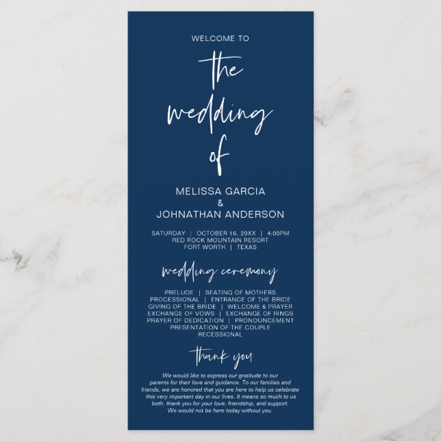 Forever in love, Modern Navy Blue Wedding Program Programme (Front)