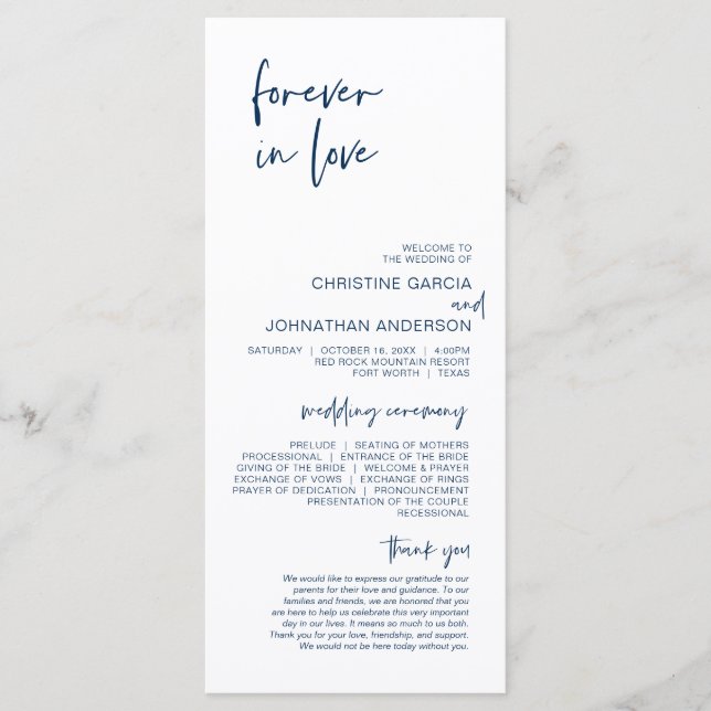 Forever in love, Modern Navy Blue Wedding Program Programme (Front)