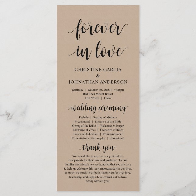 Forever in love, Modern Wedding Ceremony, Kraft Programme (Front)