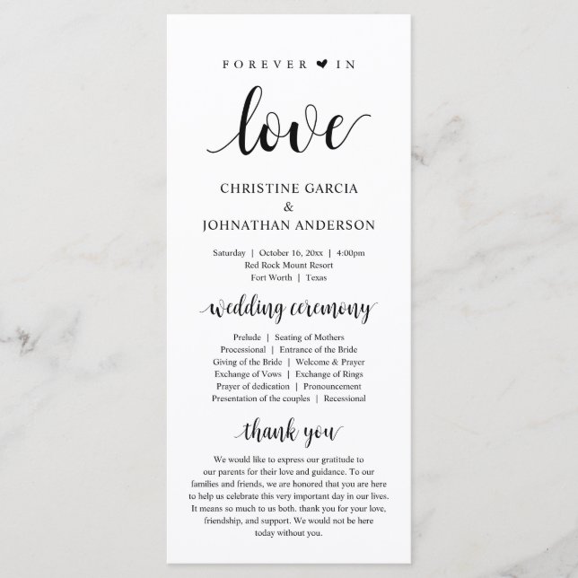 Forever in love, Modern Wedding Ceremony Program Programme (Front)