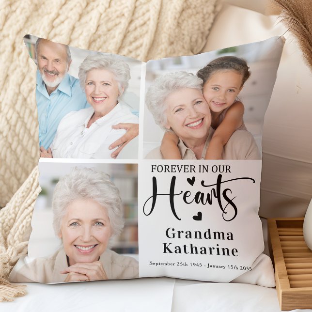 Forever in our Hearts 3 Photo Collage Memorial Cushion (Creator Uploaded)