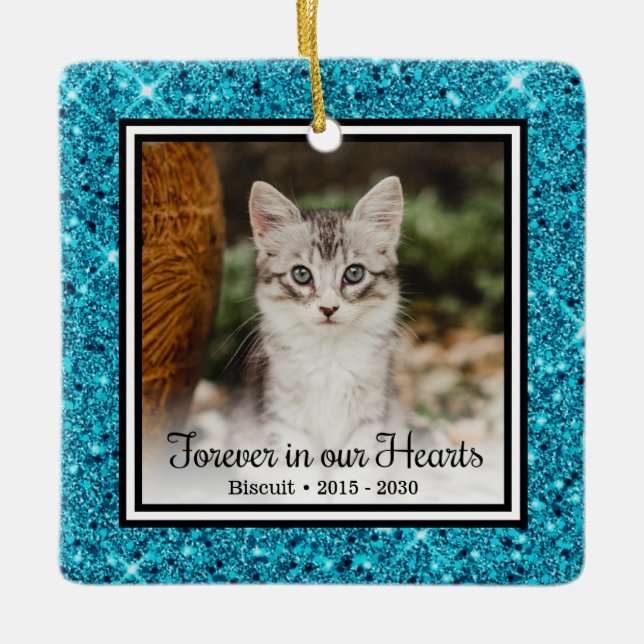 Forever In Our Hearts Aqua Glitter Cat Memorial Ceramic Ornament (Front)