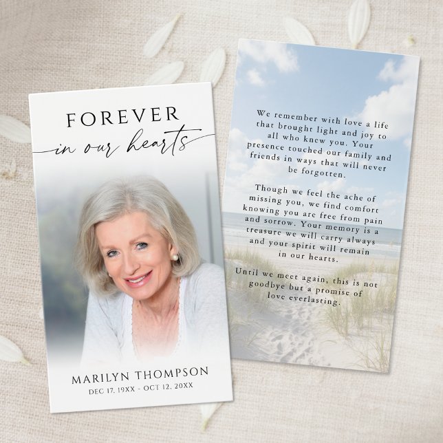 Forever in Our Hearts Beach Photo Memorial Cards (Creator Uploaded)