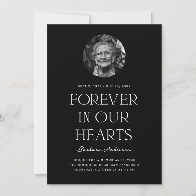 Forever in Our Hearts | Black Memorial Funeral Invitation (Front)
