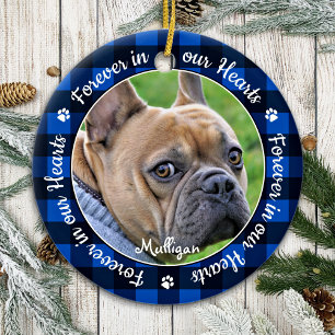 Forever in our Hearts Blue Plaid Pet Dog Memorial Ceramic Tree Decoration