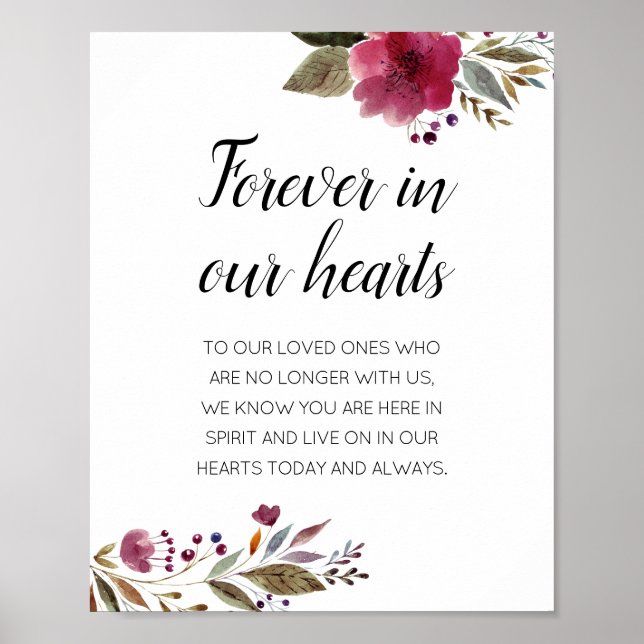 Forever In Our Hearts Burgundy Floral Memorial Poster (Front)