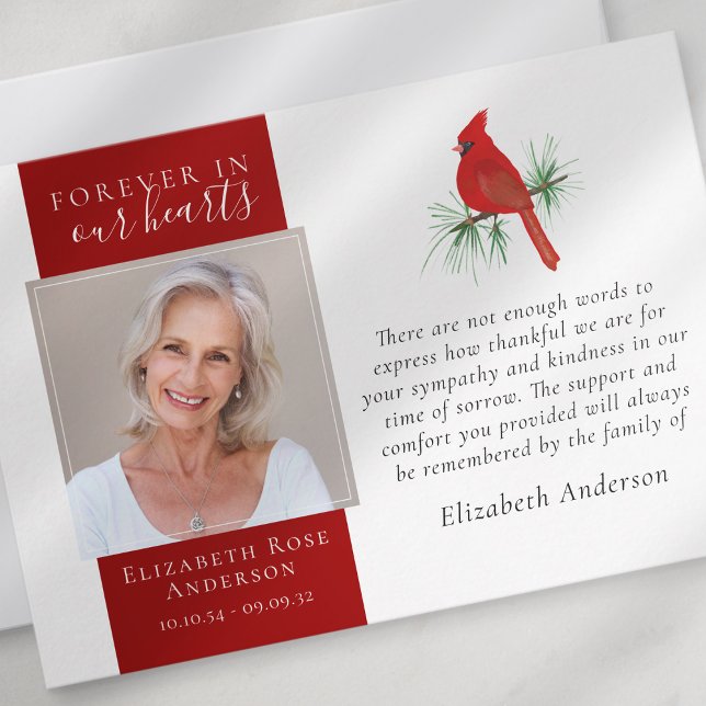 Forever in Our Hearts Cardinal Photo Sympathy Thank You Card (Creator Uploaded)