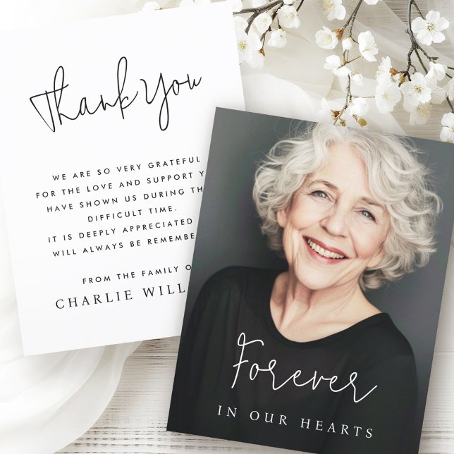 Forever in our hearts casual script funeral photo thank you card (Forever in our hearts casual script funeral photo thank you card)