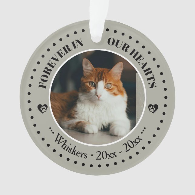 Forever in Our Hearts Cat Photo and Name Memorial Ornament (Front)