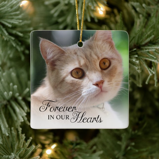 Forever In Our Hearts Cat Photo Ceramic Ornament (Tree)