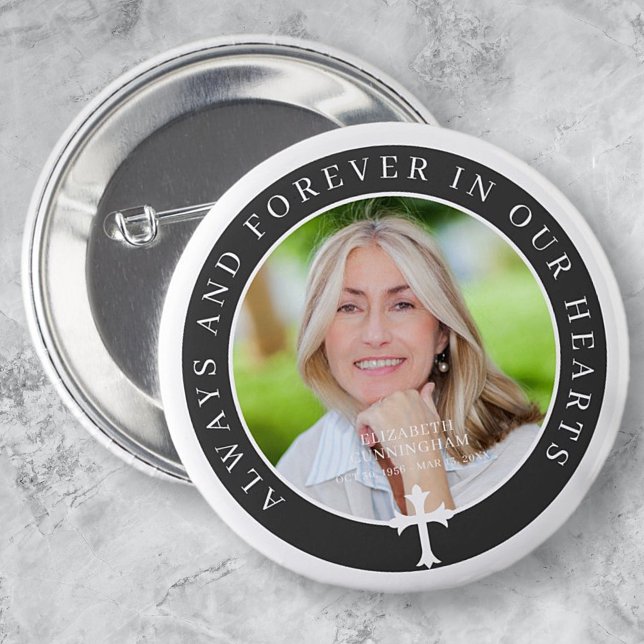 Forever In Our Hearts  | Custom Photo and Cross 6 Cm Round Badge (Creator Uploaded)