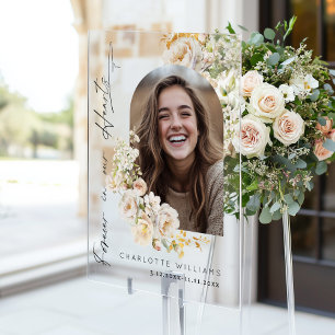 Forever in our hearts Floral Photo Funeral Welcome Acrylic Sign