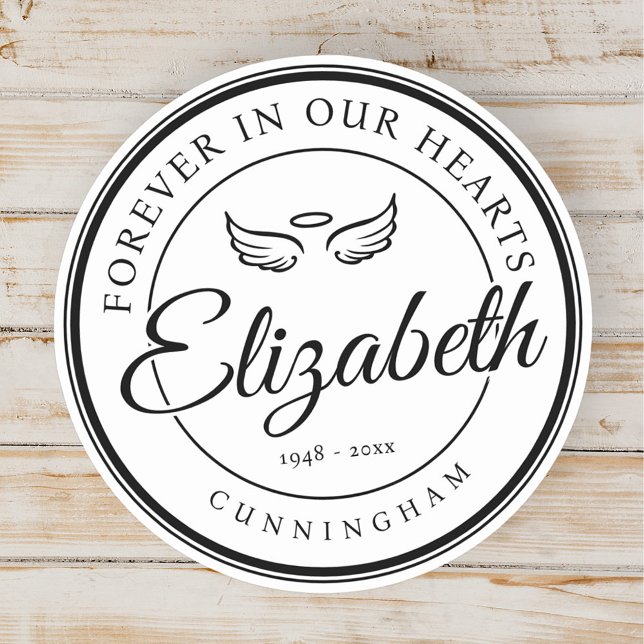 Forever in our Hearts Funeral Memorial Angel Wings Classic Round Sticker (Creator Uploaded)