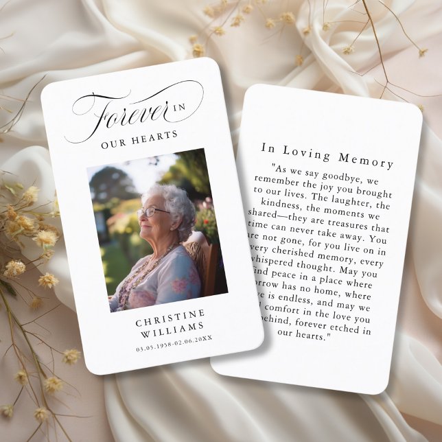 "Forever in our Hearts" Funeral Photo Prayer  Business Card ("Forever in our Hearts" Funeral Memorial Photo Prayer Card.")