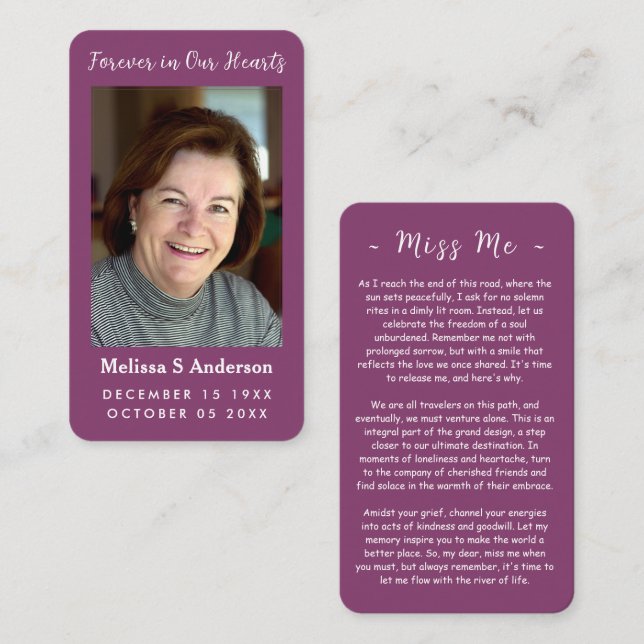 Forever in Our Hearts Funeral Prayer Photo Card (Front/Back)