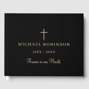 Forever In Our Hearts Gold Black Funeral Memorial Guest Book