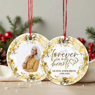 Forever In Our Hearts Gold Foil Photo Memorial Ceramic Tree Decoration