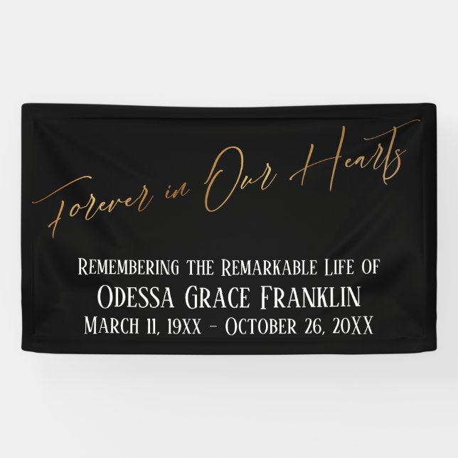 Forever in Our Hearts Gold Handwriting on Black Banner (Horizontal)