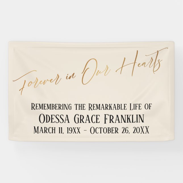 Forever in Our Hearts Gold Handwriting on Cream Banner (Horizontal)